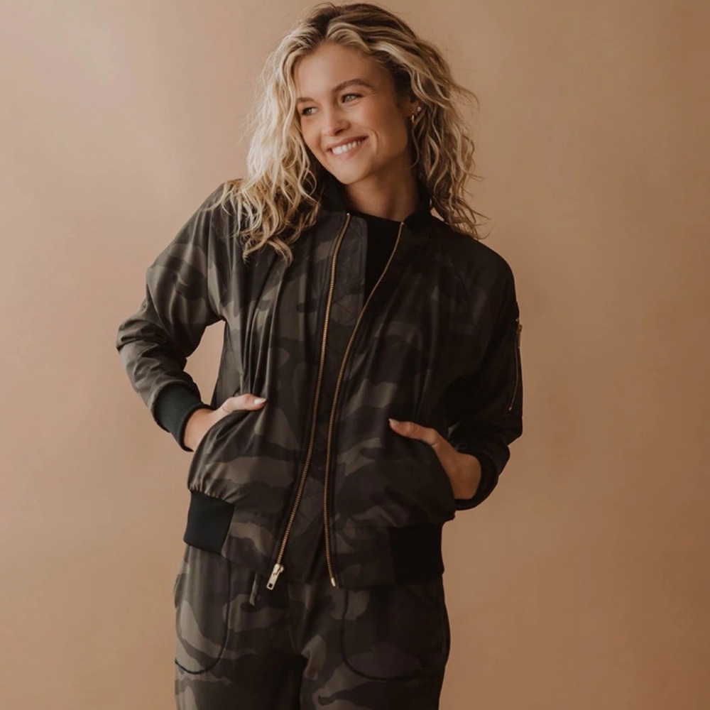 ALBION FIT Camo Print Bomber Jacket W/Gold Zippers and Black Nylon Cuffs Size S
